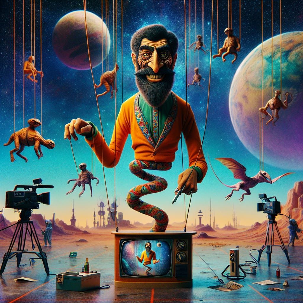 Surreal Sci-Fi News Anchor Marionette in Alien Studio