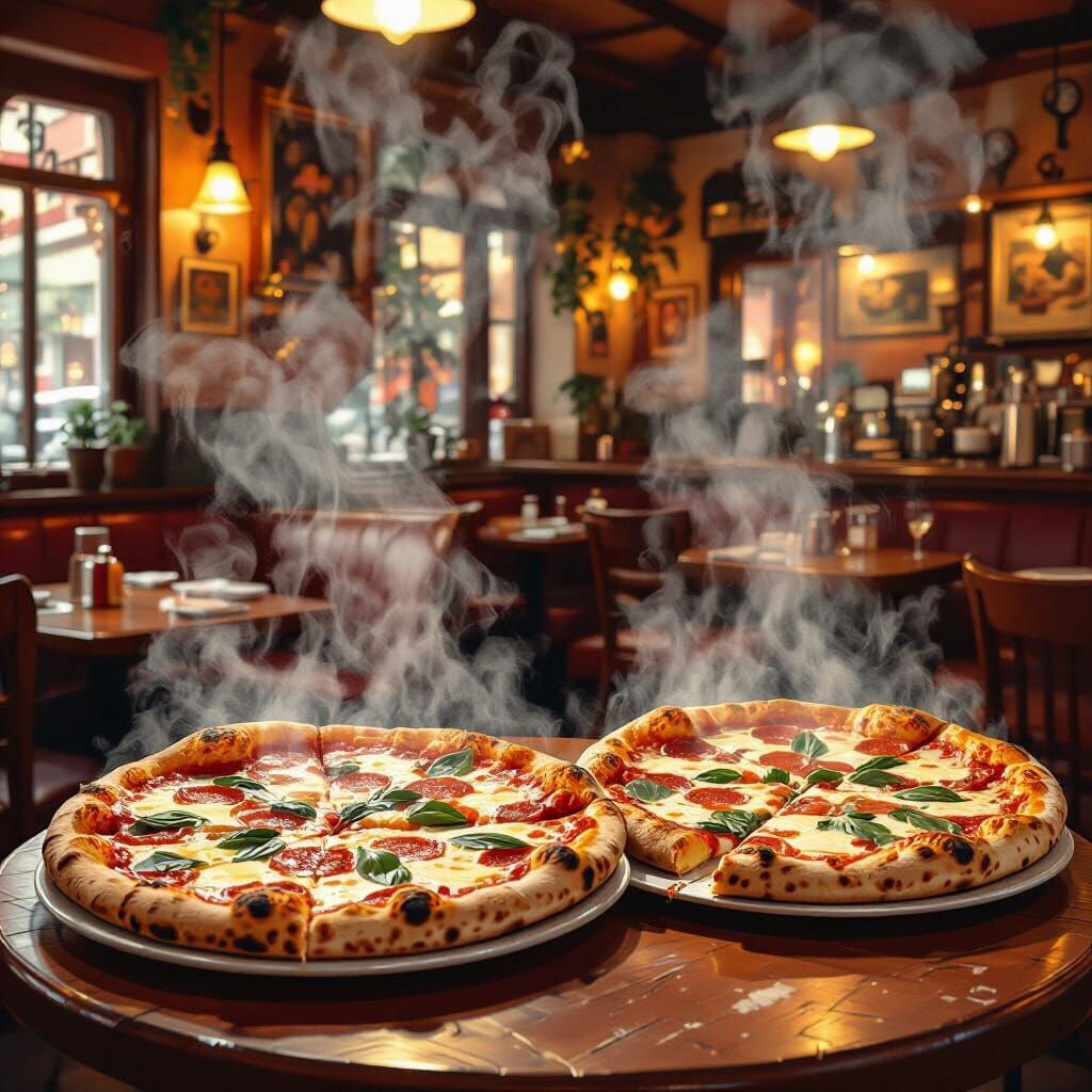 Two Steaming Pizzas in Cozy Restaurant