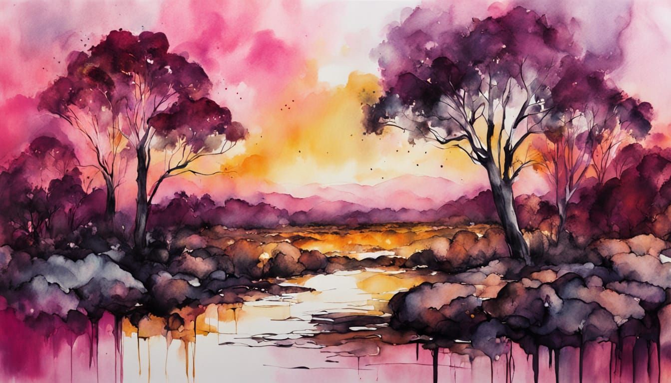 Australian Sunset Landscape in Expressive Ink Art