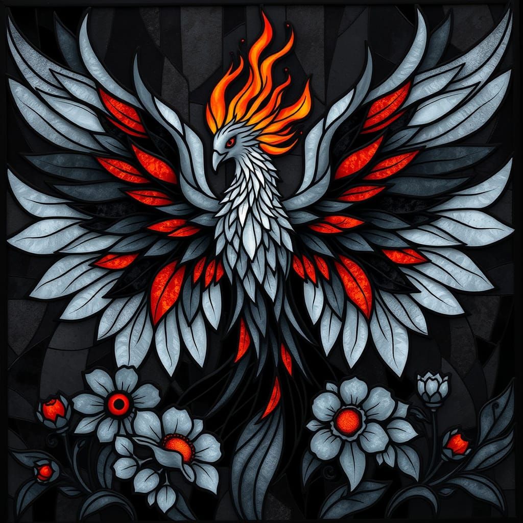 Stained Glass Phoenix Rises in Abstract Art