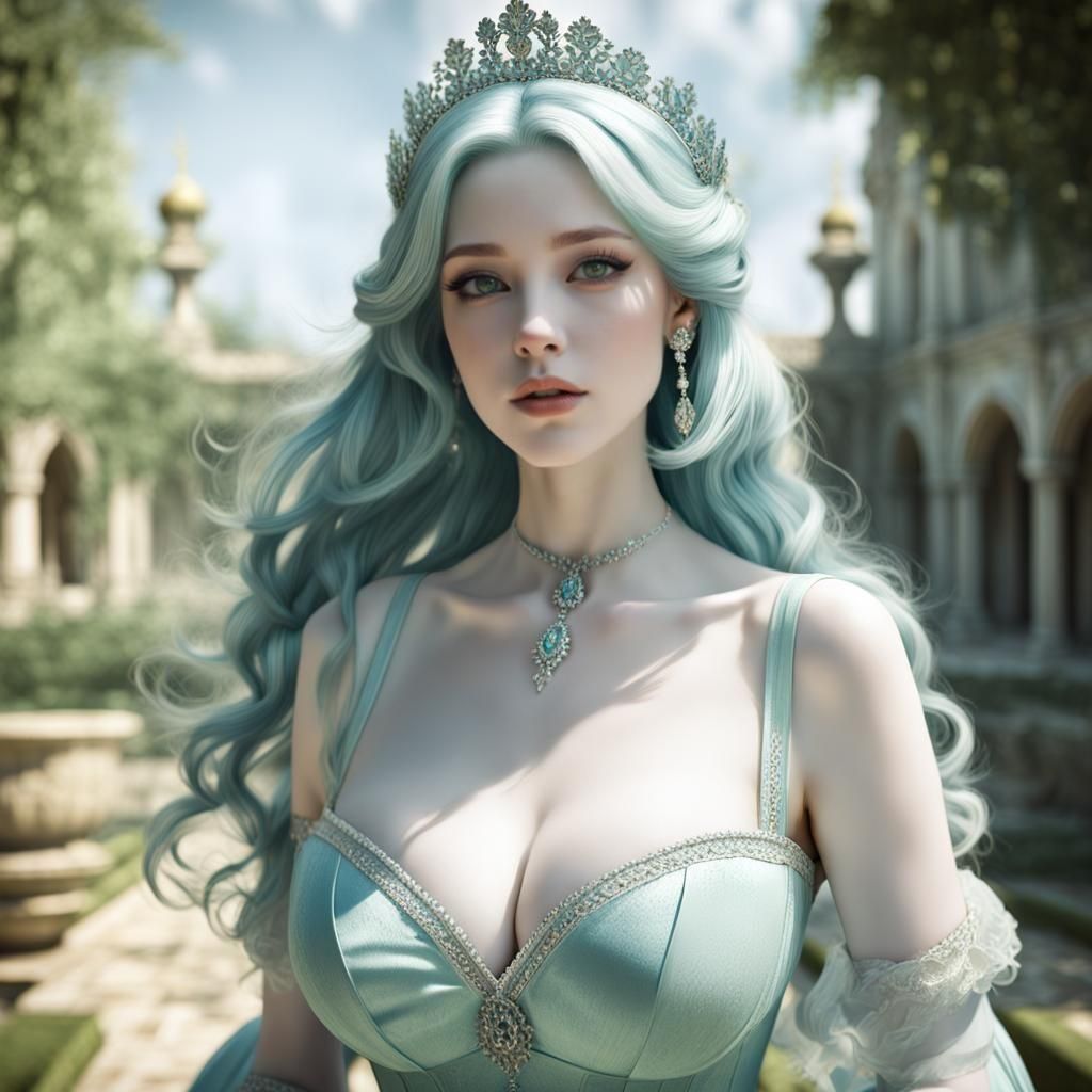 Green-Haired Princess in Courtyard, Cinematic HDR Portrait