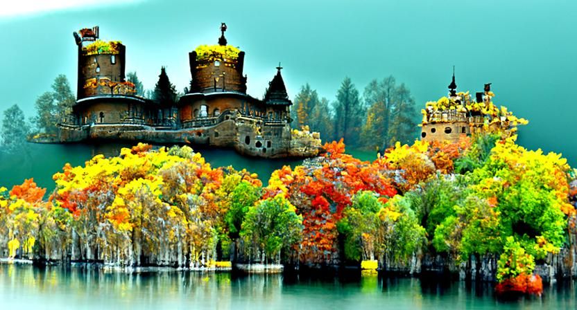 Autumnal Castle in Lake: Photorealistic Landscape