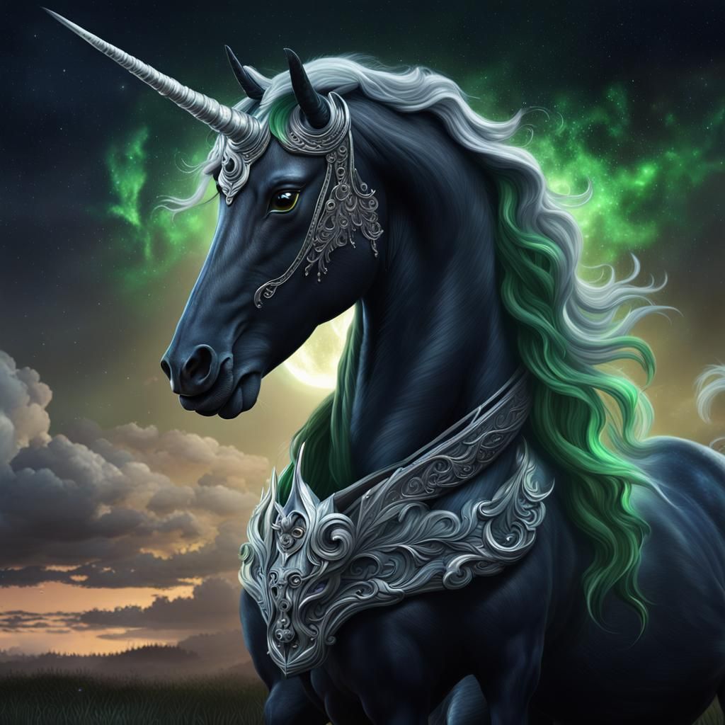 Black Unicorn with Silver Mane and Horn