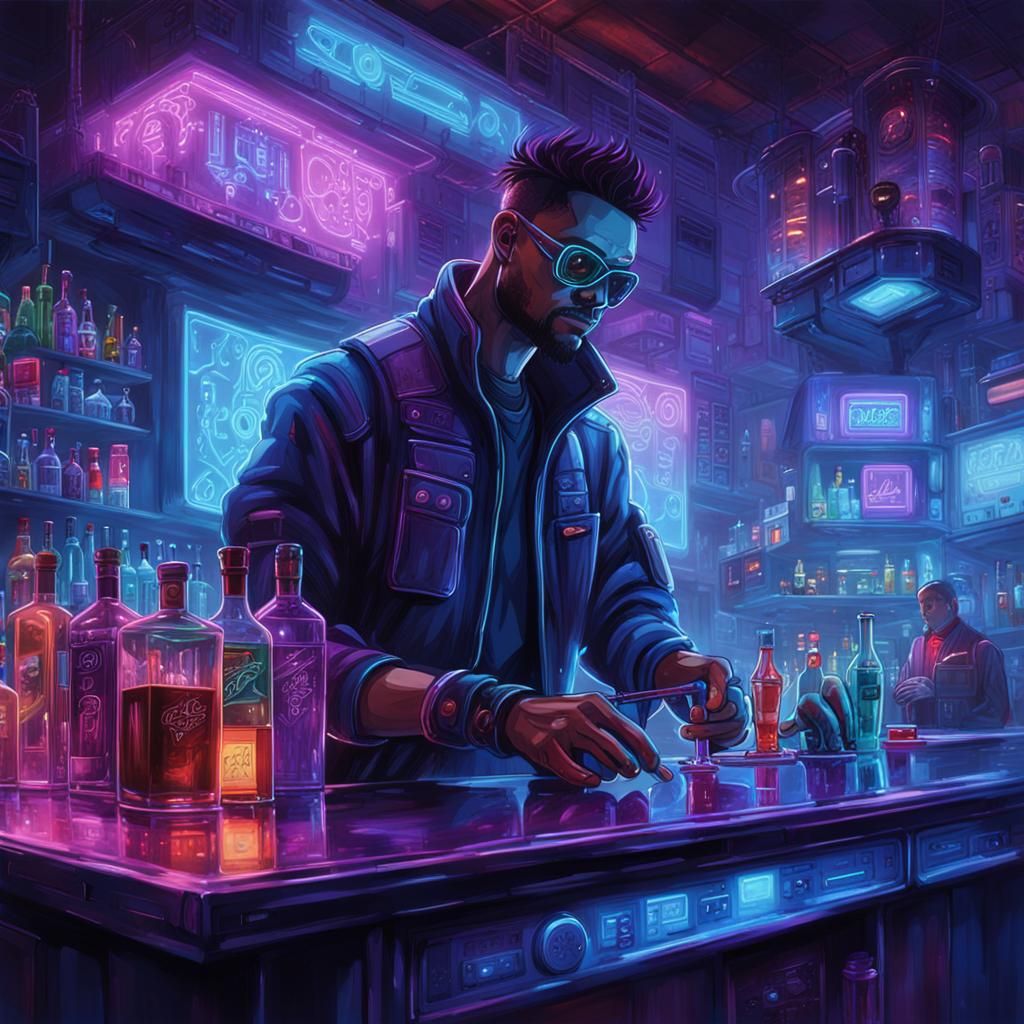 Cyberpunk Bartender in a Neon Basement Bar