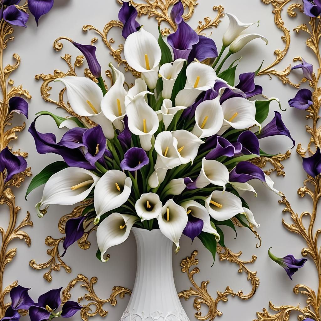 Hyperrealistic Calla Lilies in Purple and Gold Vase