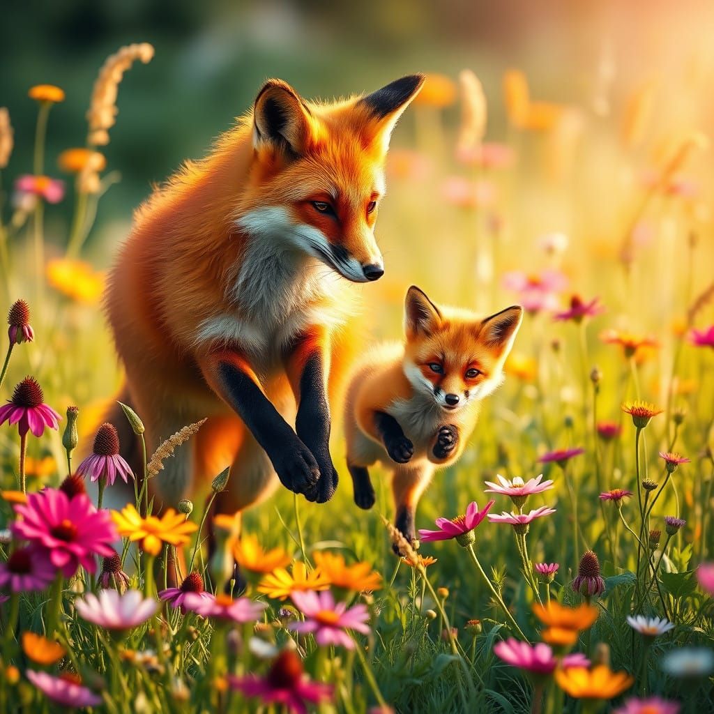 Vibrant Mother Fox and Kit in Sun-Drenched Wildflower Meadow