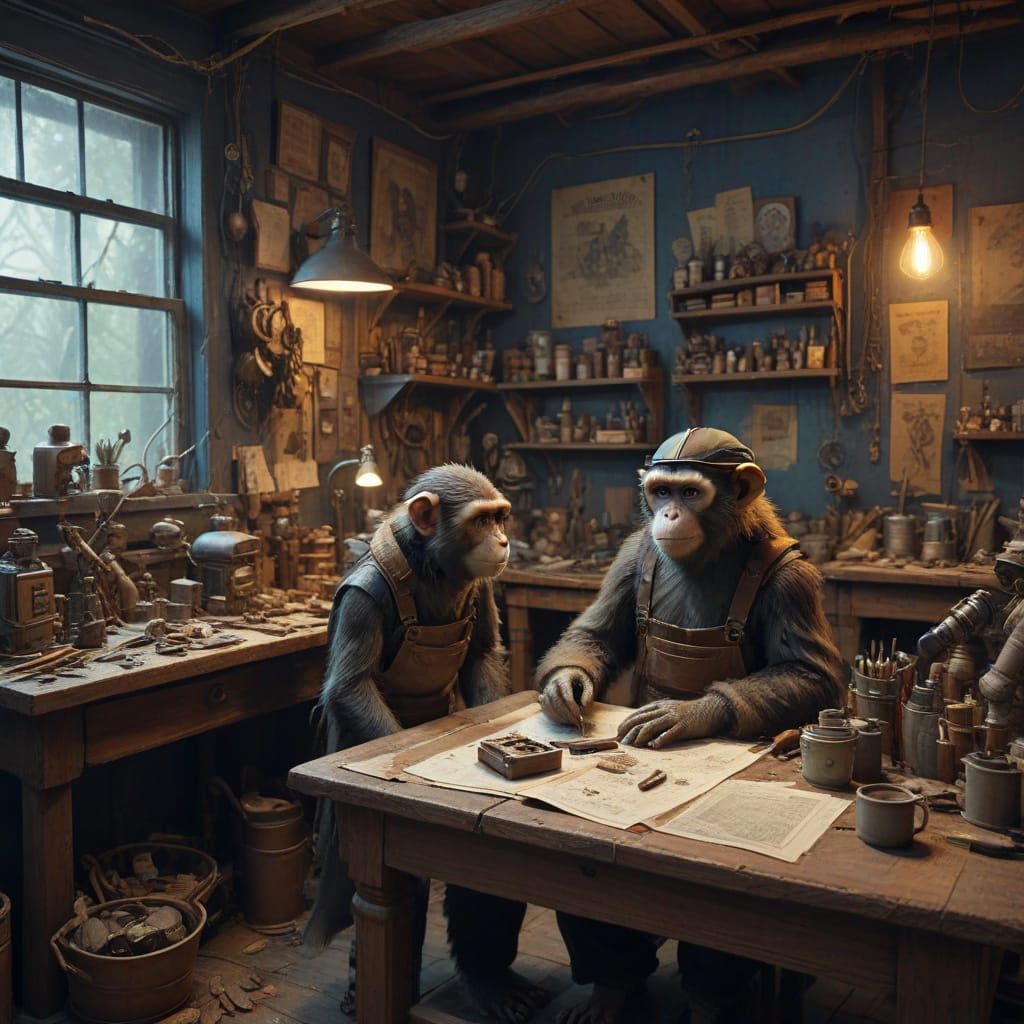 Monkeys Craft Creepy Dolls in Dark, Mystical Workshop