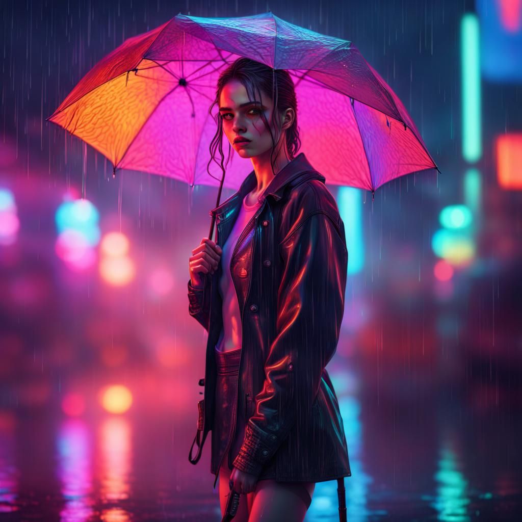 Sad Girl in Cyberpunk Rain with Umbrella