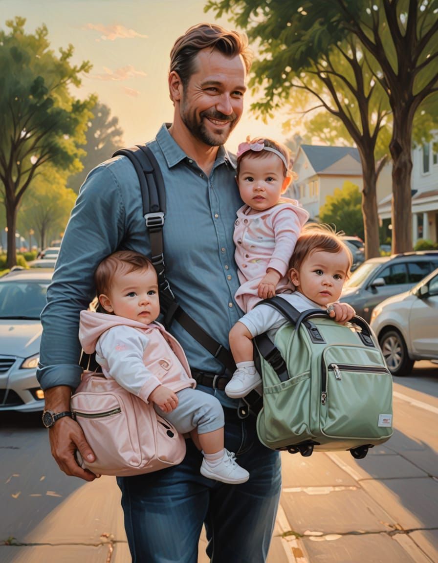 Dad Portrait with Children in Oil Painting Style