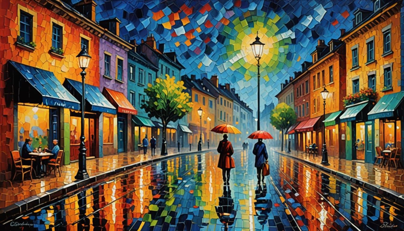 Bela Dama em Café Chuvoso com Estilo Neo-Impressionista