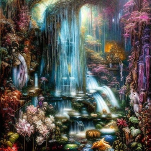 Enchanted Fairytale Waterfall Pool with Luminous Sparkles