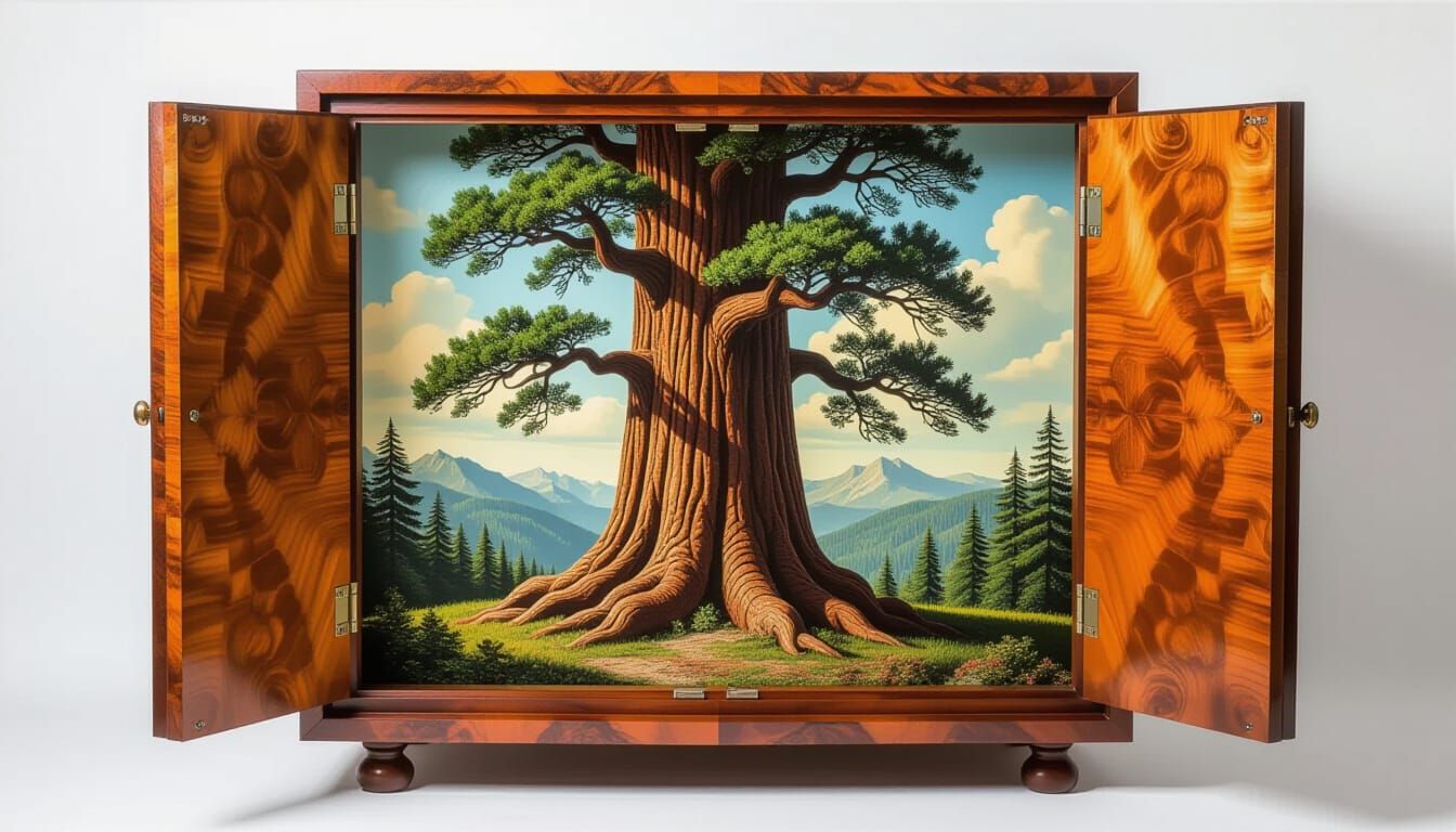 Redwood Tree in Burl Cabinet: Surreal Mixed Media Art
