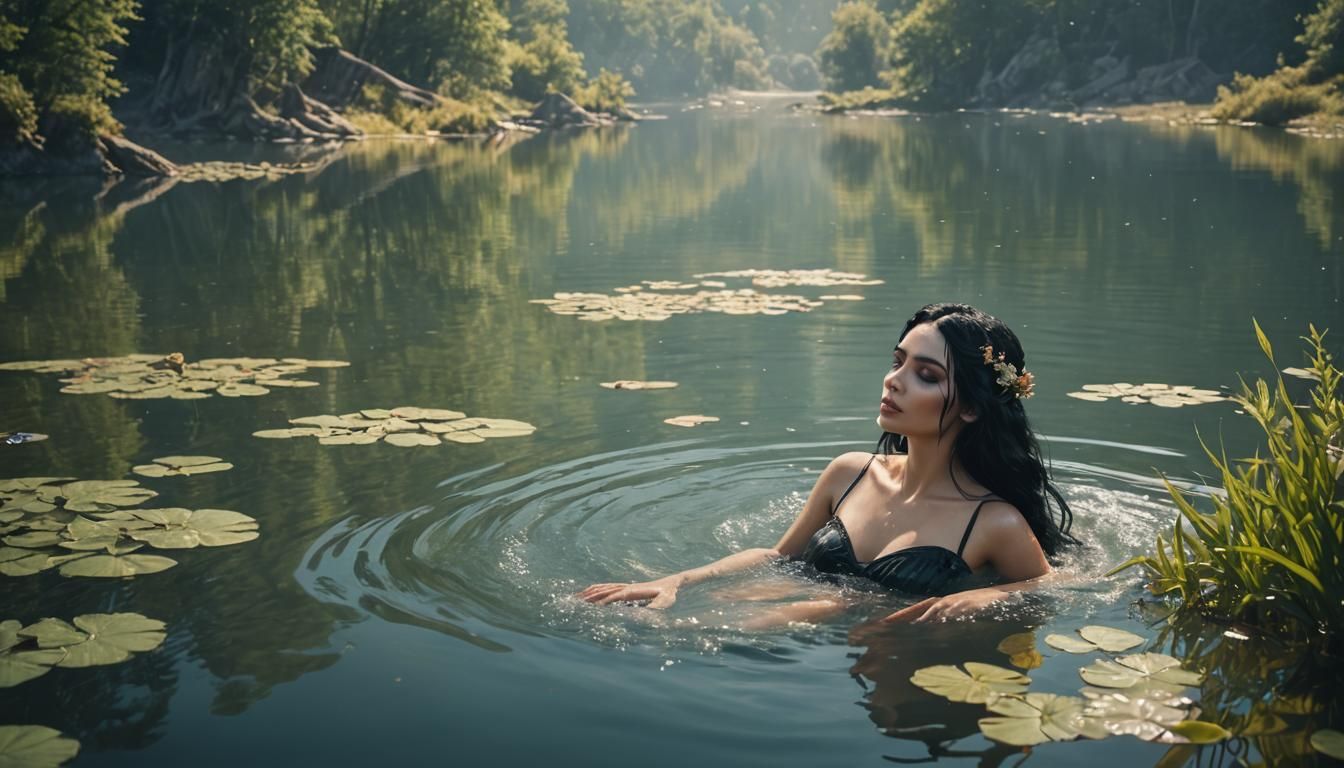 Black-Haired Woman Bathes in Fantasy Lake