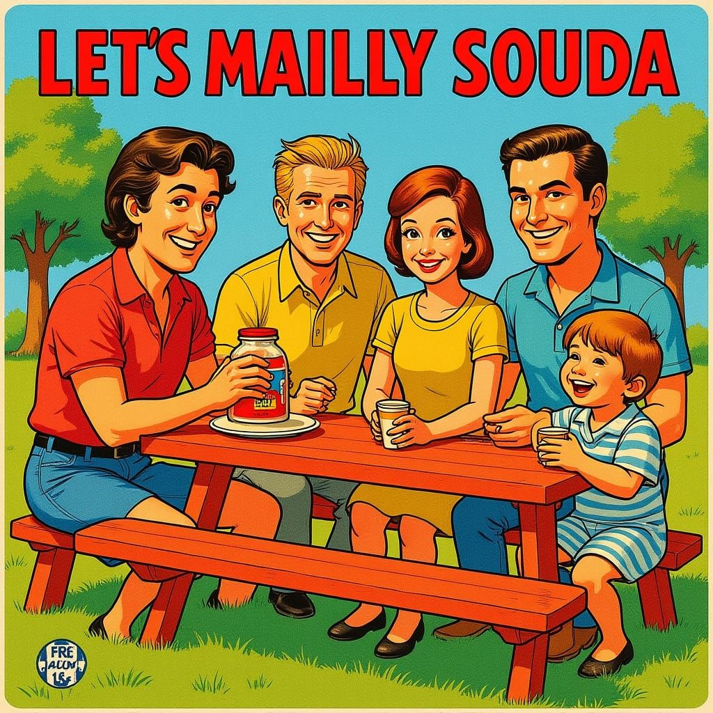 1960s Soda Ad Illustration: Smiling Family Picnic