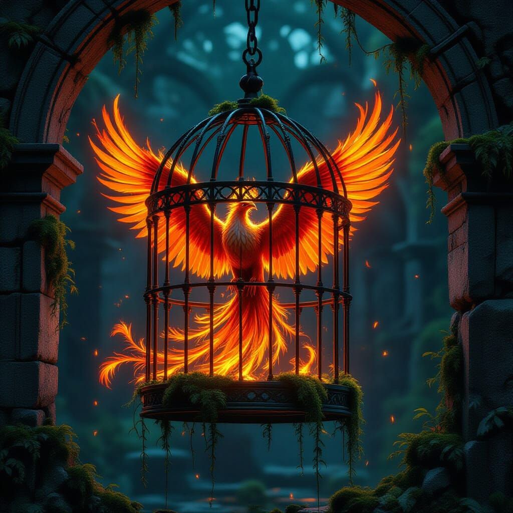 Majestic Phoenix Trapped in Ancient Stone Birdcage