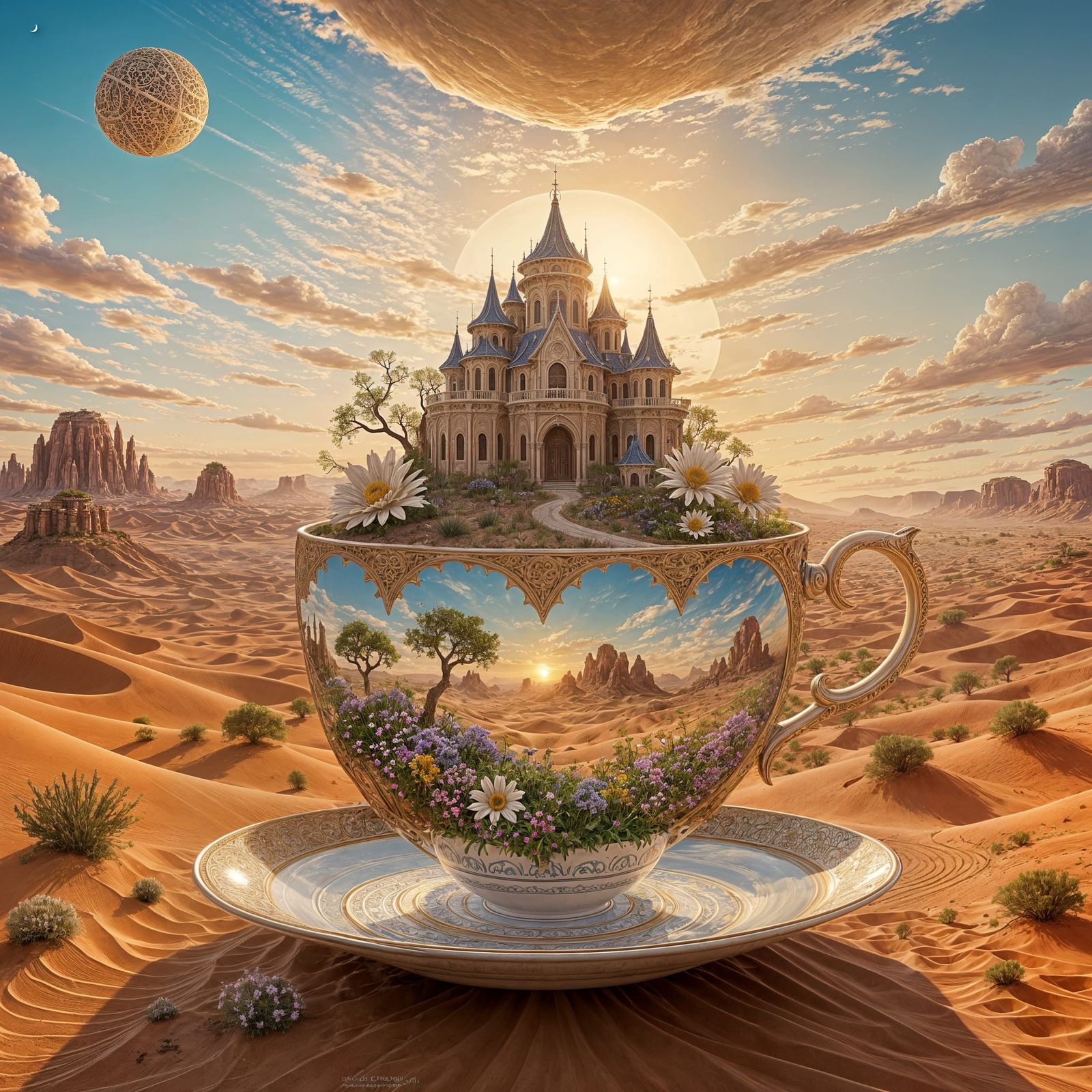 Colossal Whimsical Teacup in Alien Desert Landscape