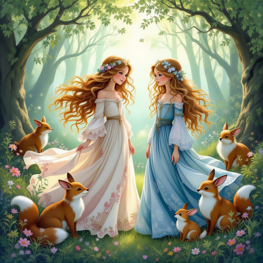 Enchanting Girls and Animals in Mystical Forest