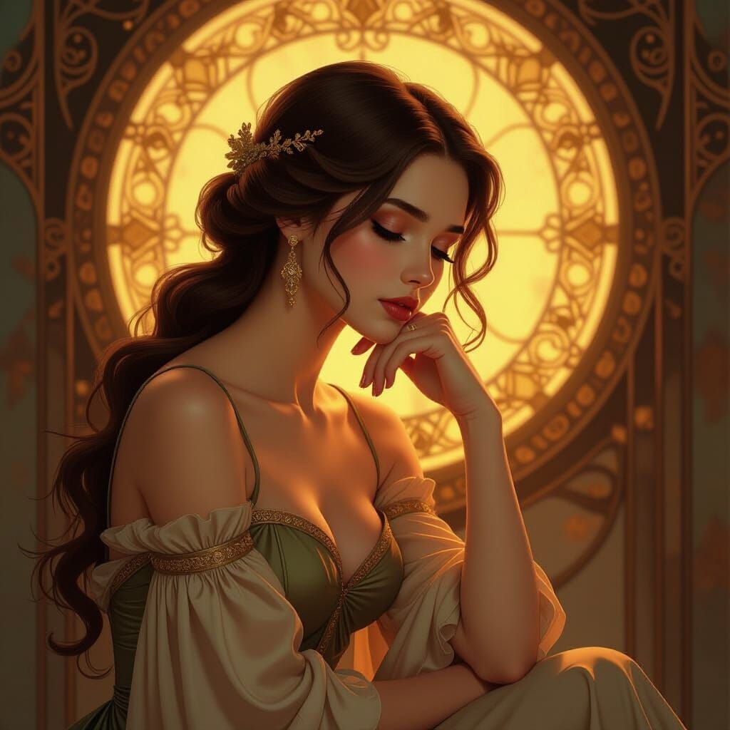 Elegant Woman in Golden Light, Art Nouveau Style