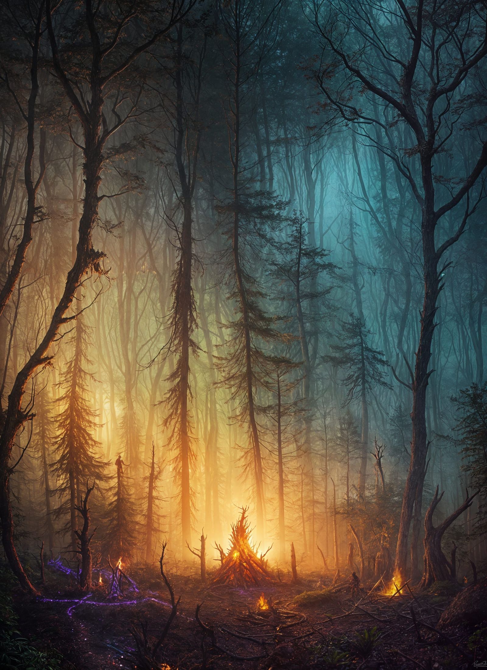 Mysterious Forest Cult Gathering Around Bonfire at Night