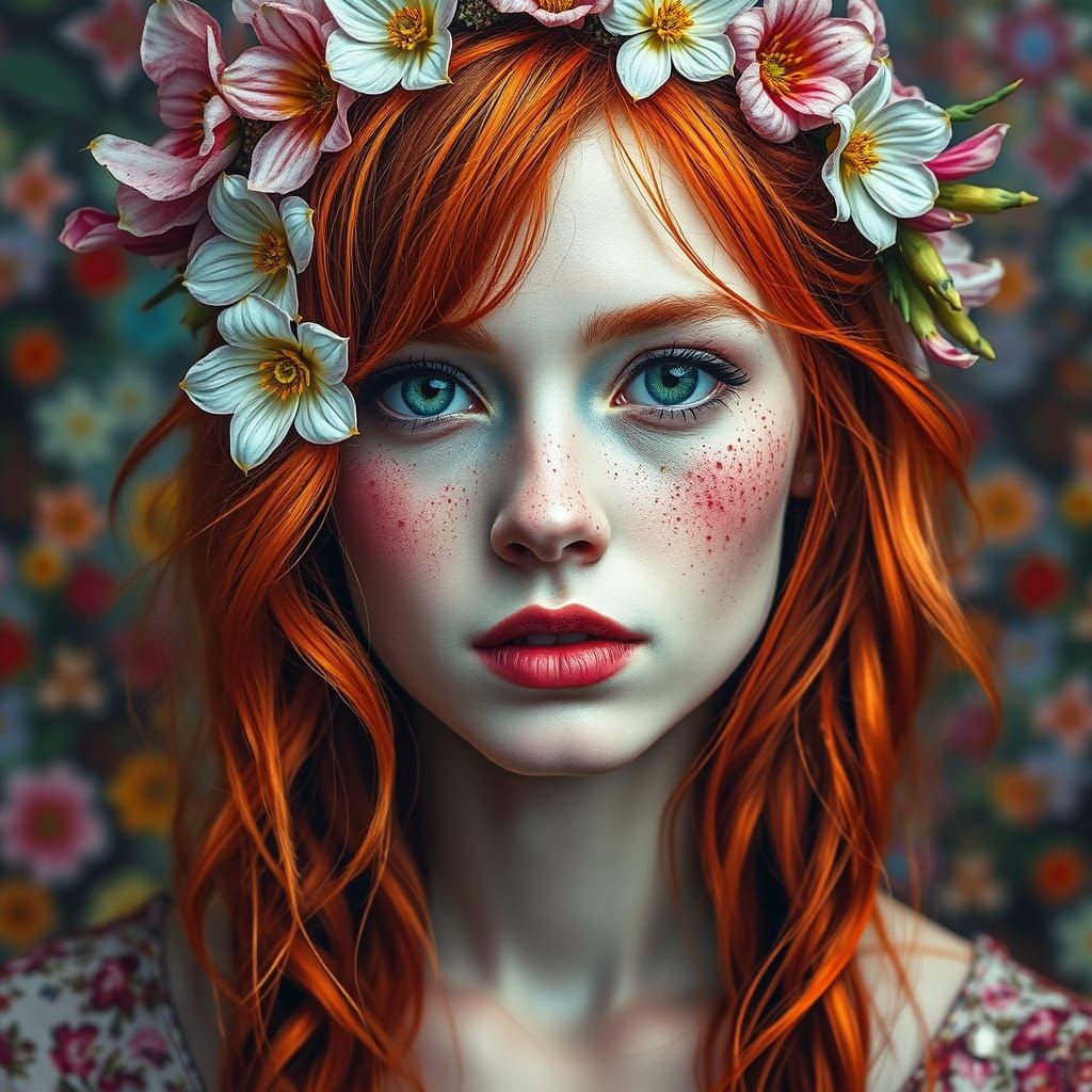 Sensual Ginger Goddess Adorned with Floral Wreath and Honey