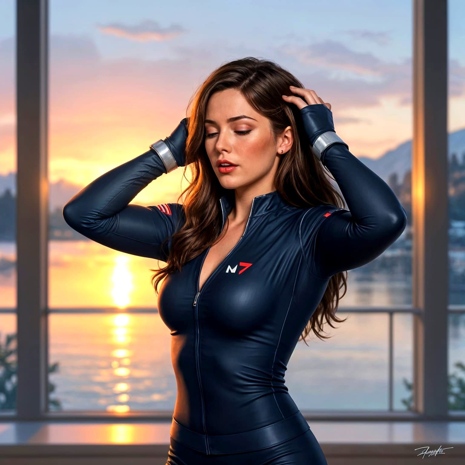 Commander Shepard in N7 Pajamas Stretches in High-Tech Apart...