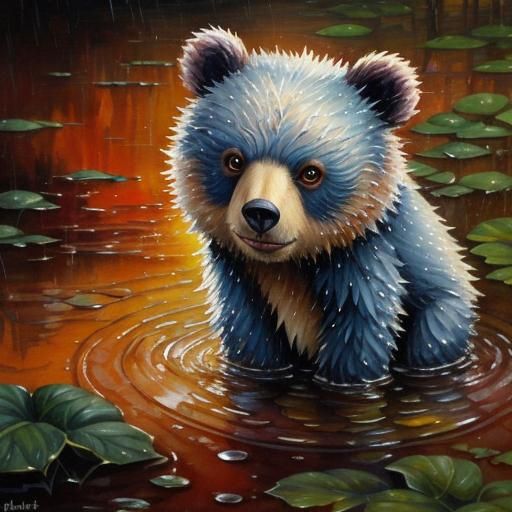 Sad Bear Cub in Rain, Watercolor Painting