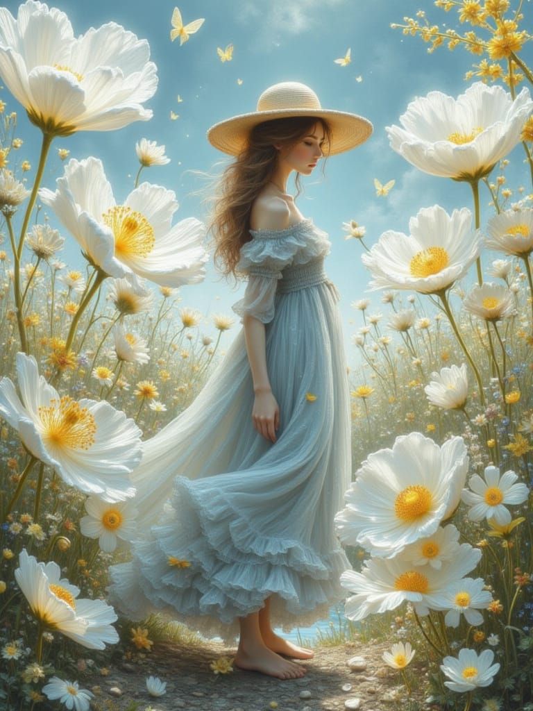 Girl in Floral Landscape, Impressionist Style