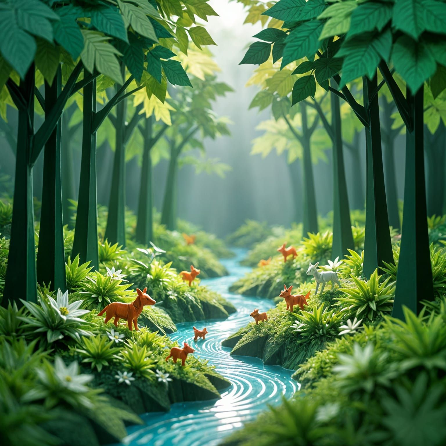 Miniature Paper Forest World with Origami Animals