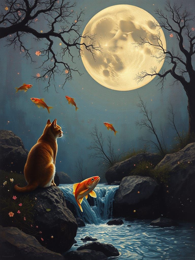 Feline Sees Fish Leap in Enchanted Waterwheel Scene