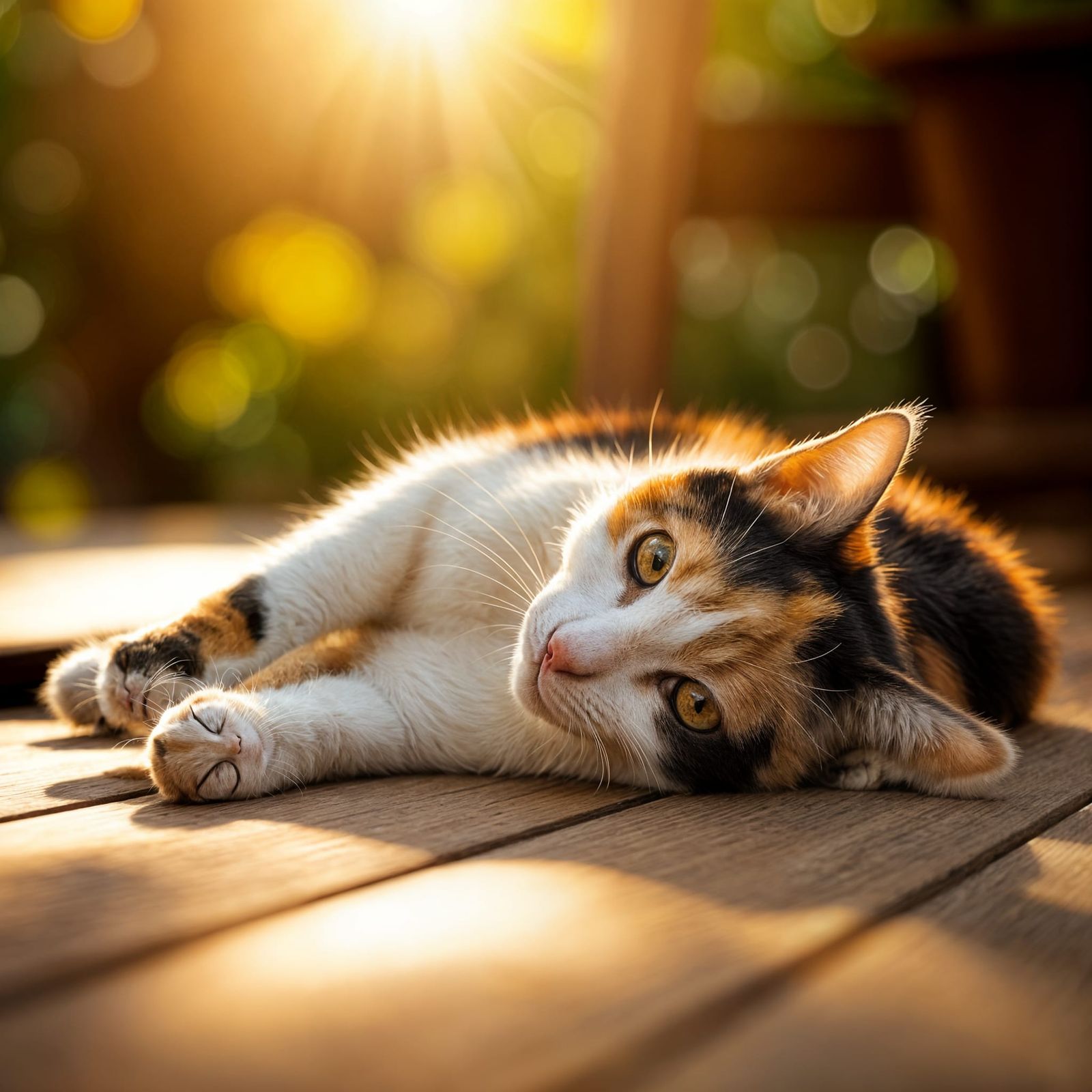 Calico Cat Sunbathing: Golden Hour Photography