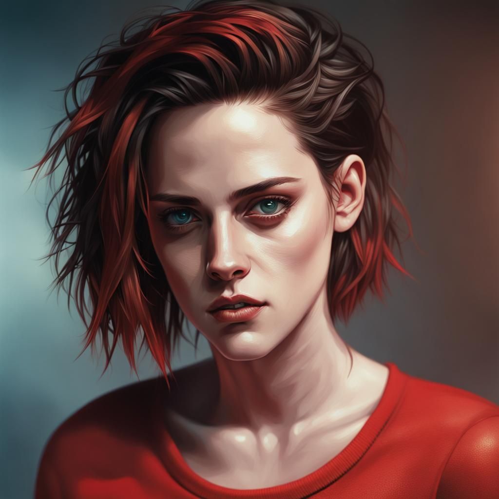 A stunning intricate full color portrait of (Kristen Stewart 1), partly cyborg,