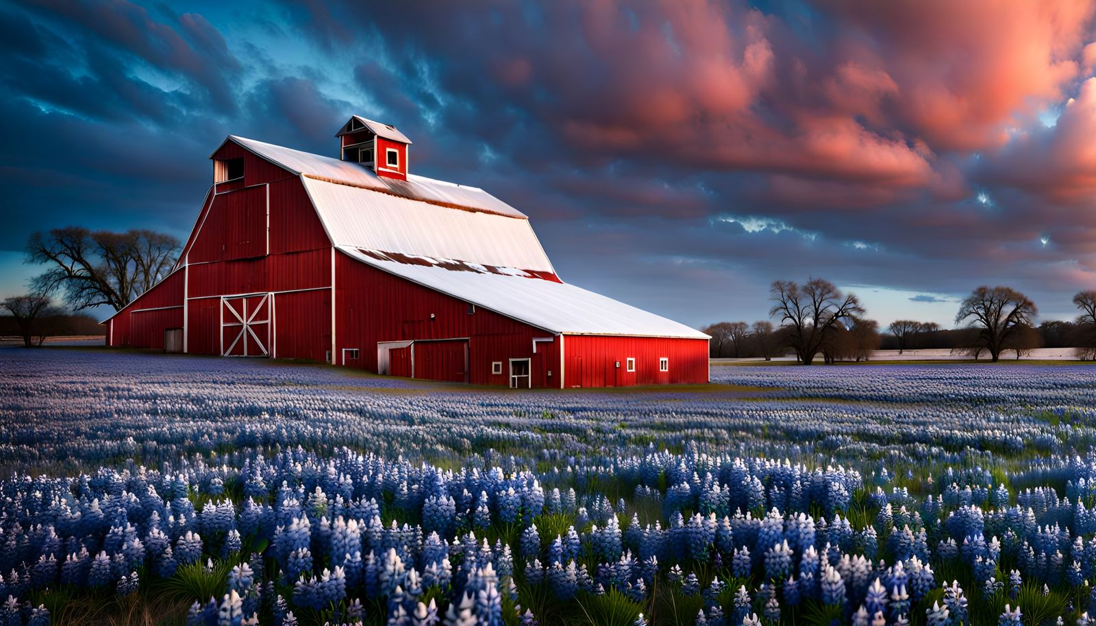 Snowy Bluebonnets and Red Barn: Digital Matte Painting