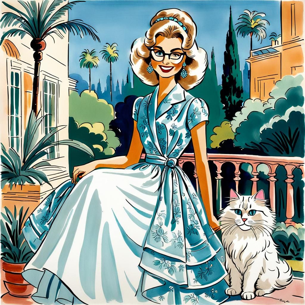 Glamorous Fashionista with Cat in Cartoon Style