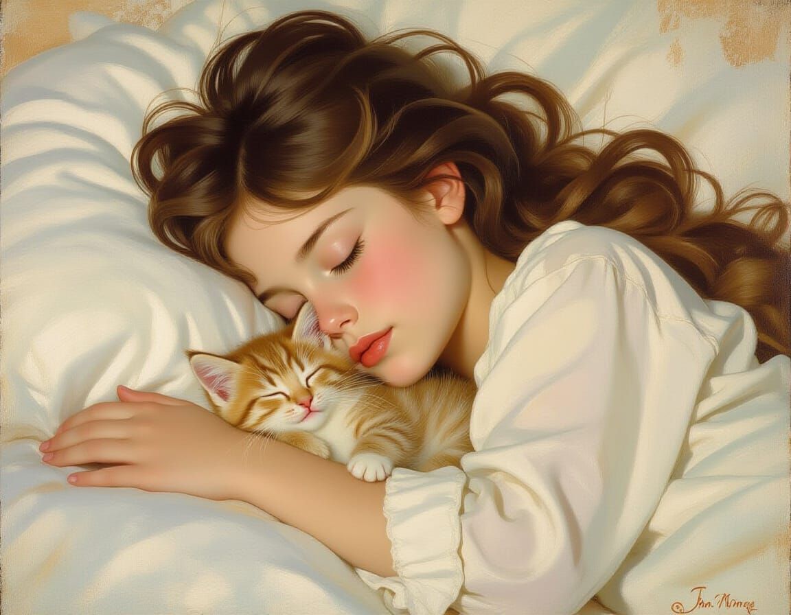 Girl Sleeping with Kitten as Oil Painting