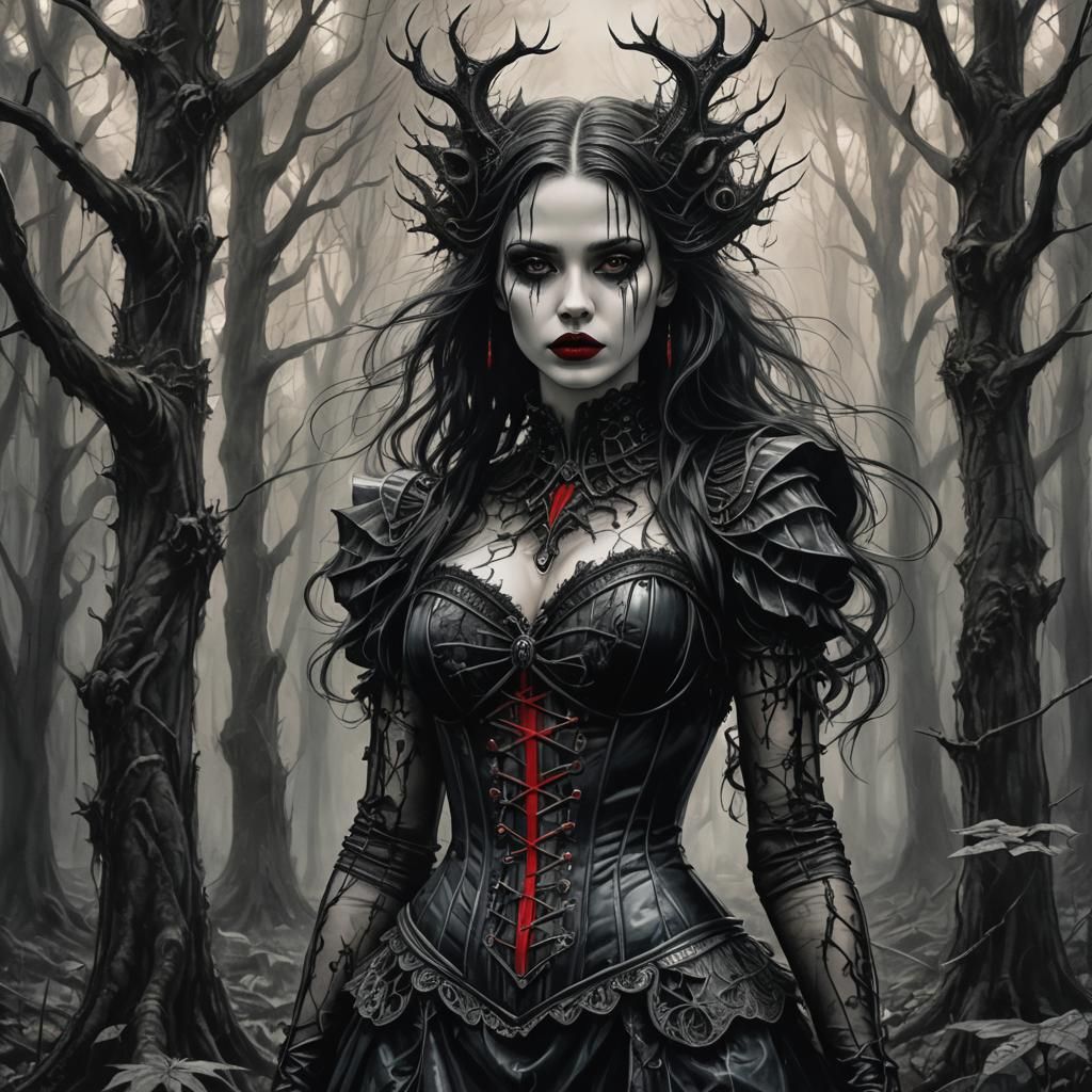 Angelic Goth Girl in Dark Forest, Sketch Art