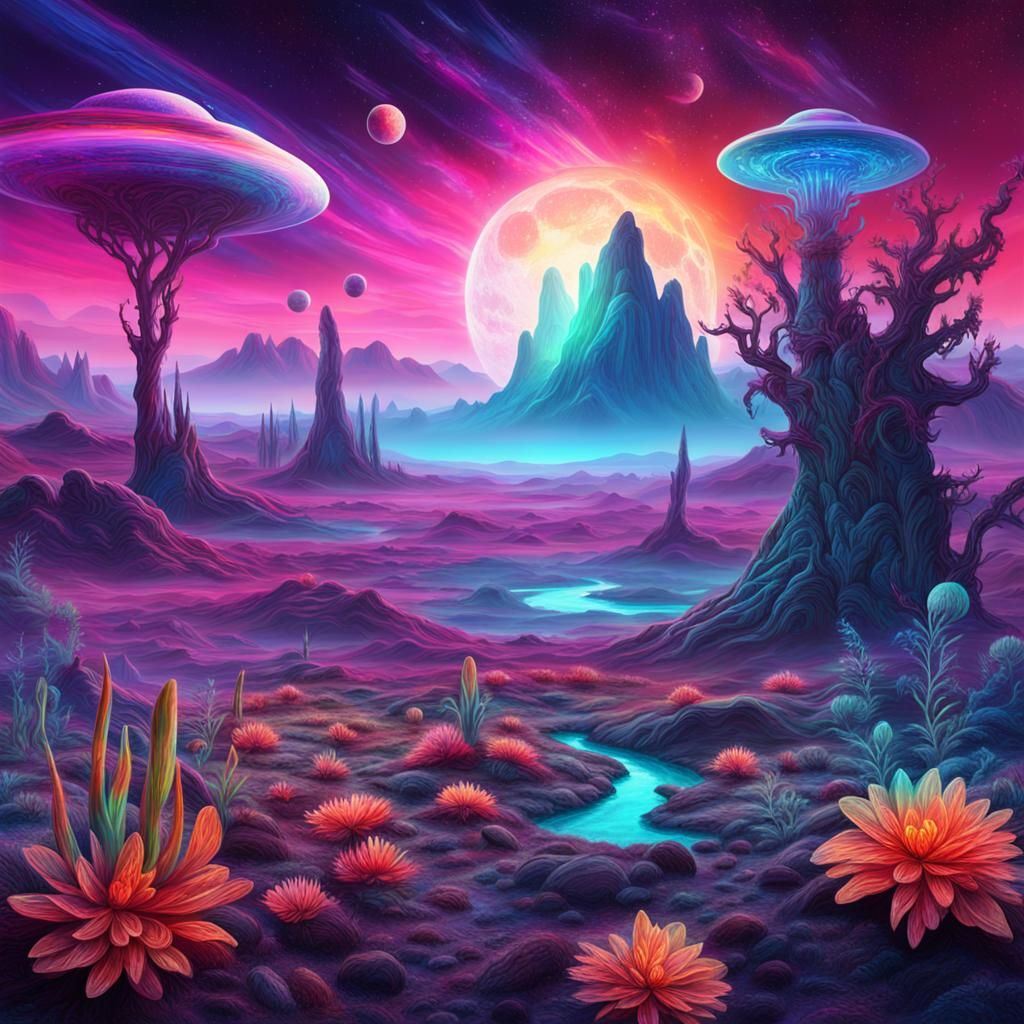 Alien Landscape with Holographic Flora, Mixed Media