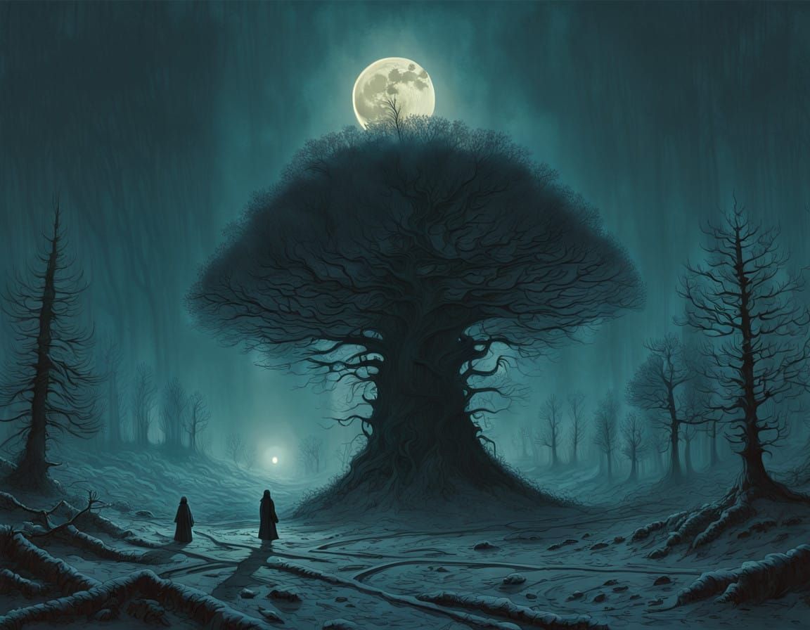 Mystical Dark Forest Under Crescent Moon