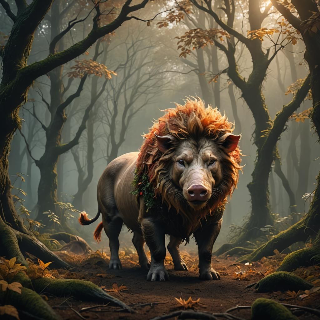 Pig-Lion Hybrid in Misty Forest: Fantasy Concept Art