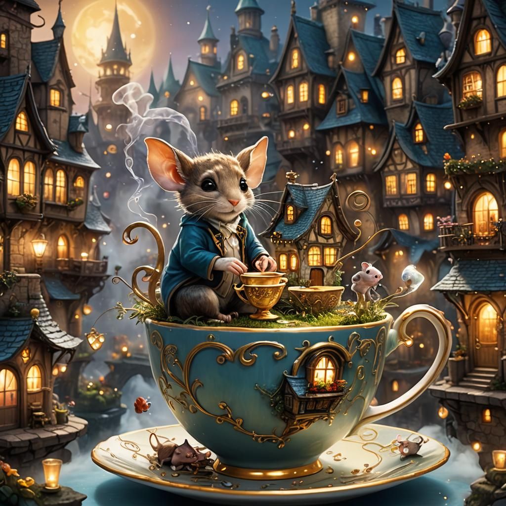 Miniature City in Teacup with Studious Mice