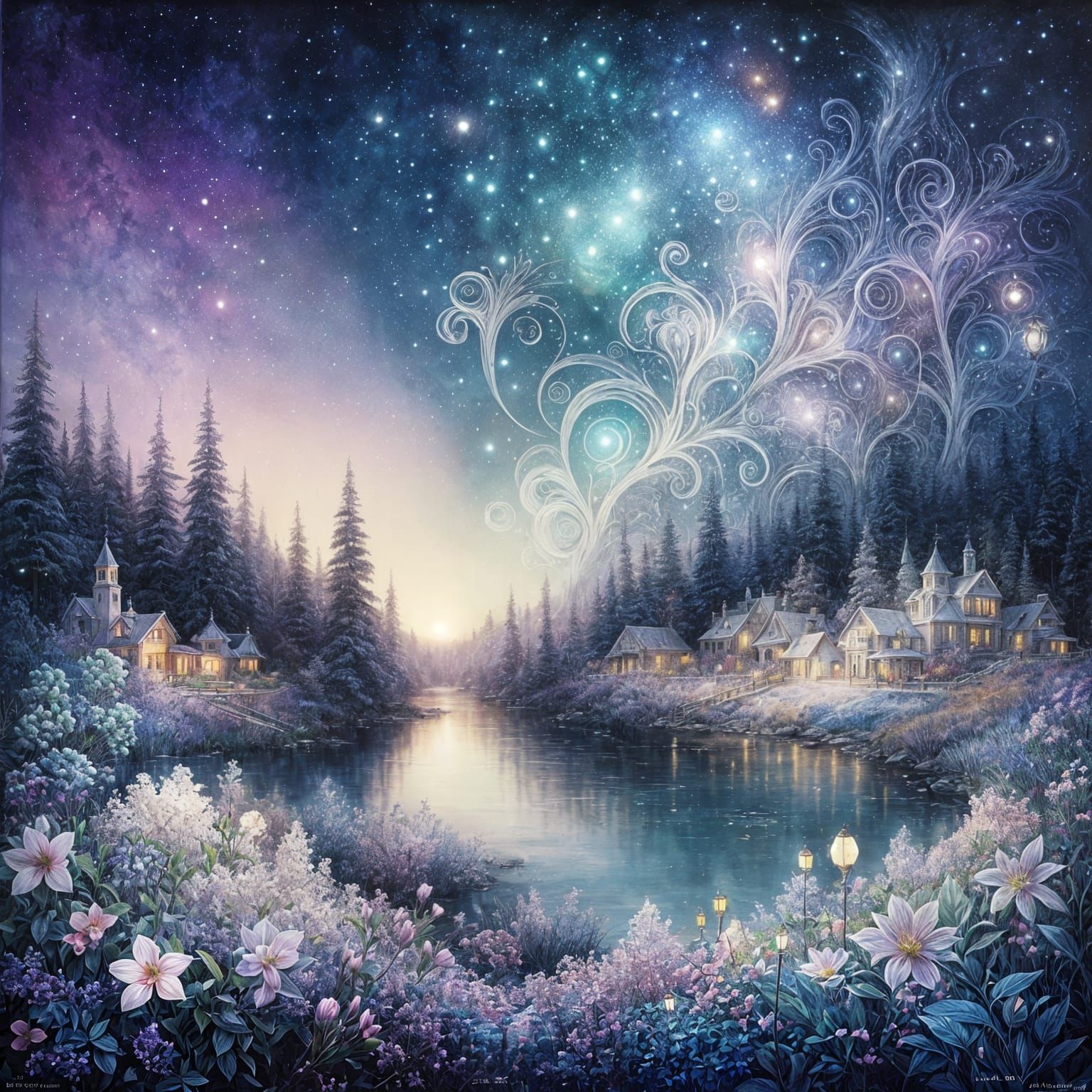 Ethereal Lakeside Village in Dreamy Watercolor Forest