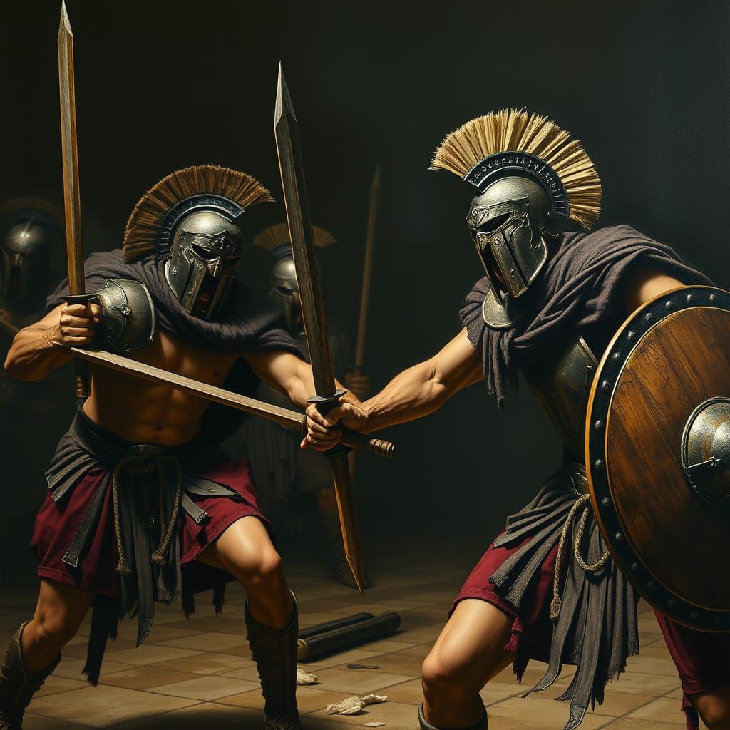 Gladiators Training: Hyperrealistic Painting in Caravaggio S...