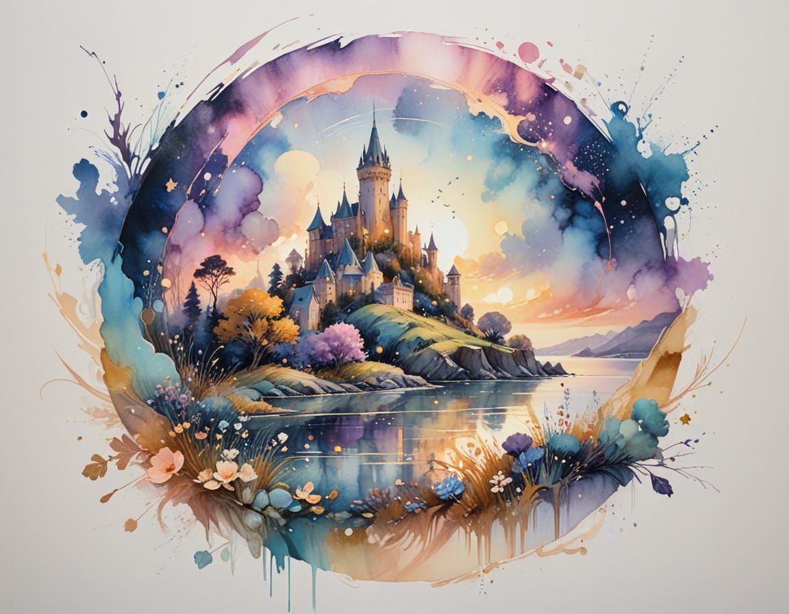 Futuristic Cityscape at Night in Alcohol Ink Style