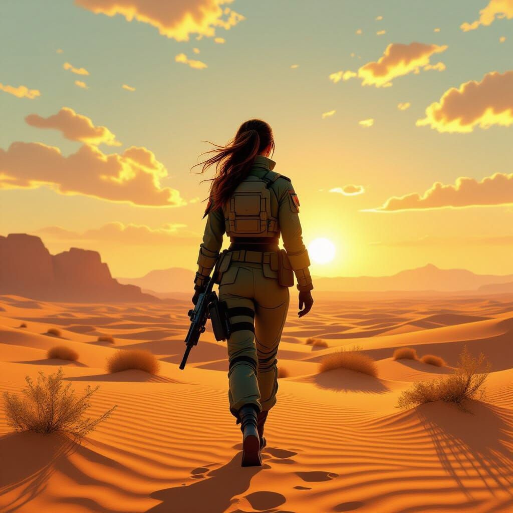 Woman in Military Attire in Desert Landscape