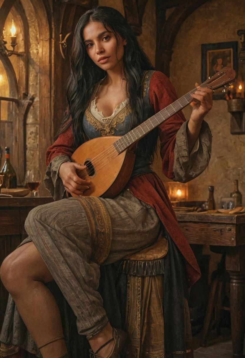 Medieval Latina Woman in Tavern with Lute as Digital Art