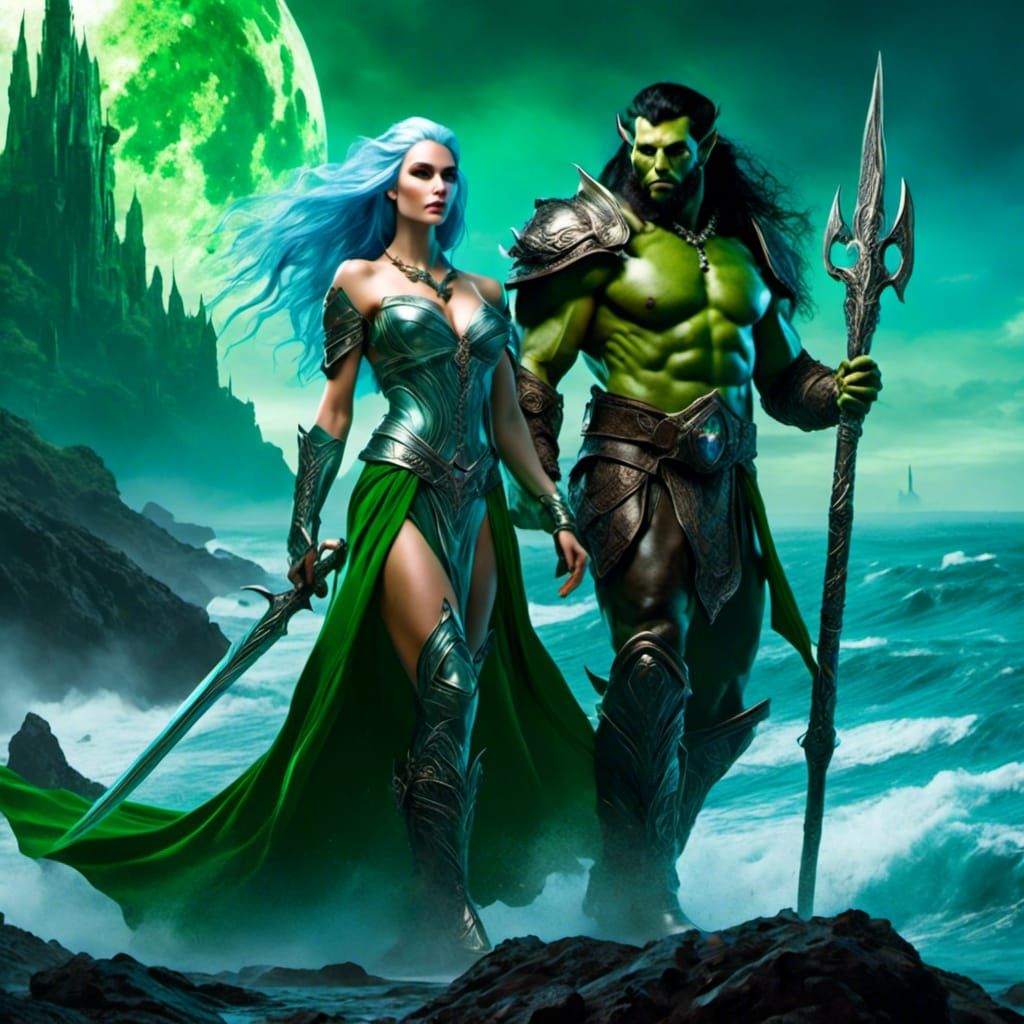 Elf Sorceress and Orc Warrior on Alien Planet