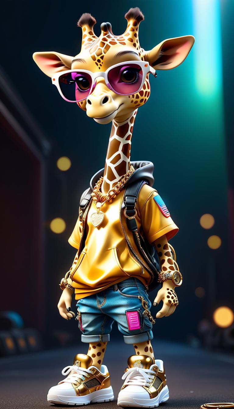 Cyberpunk Chibi Giraffe Rapper in Gold Chains and Sunglasses