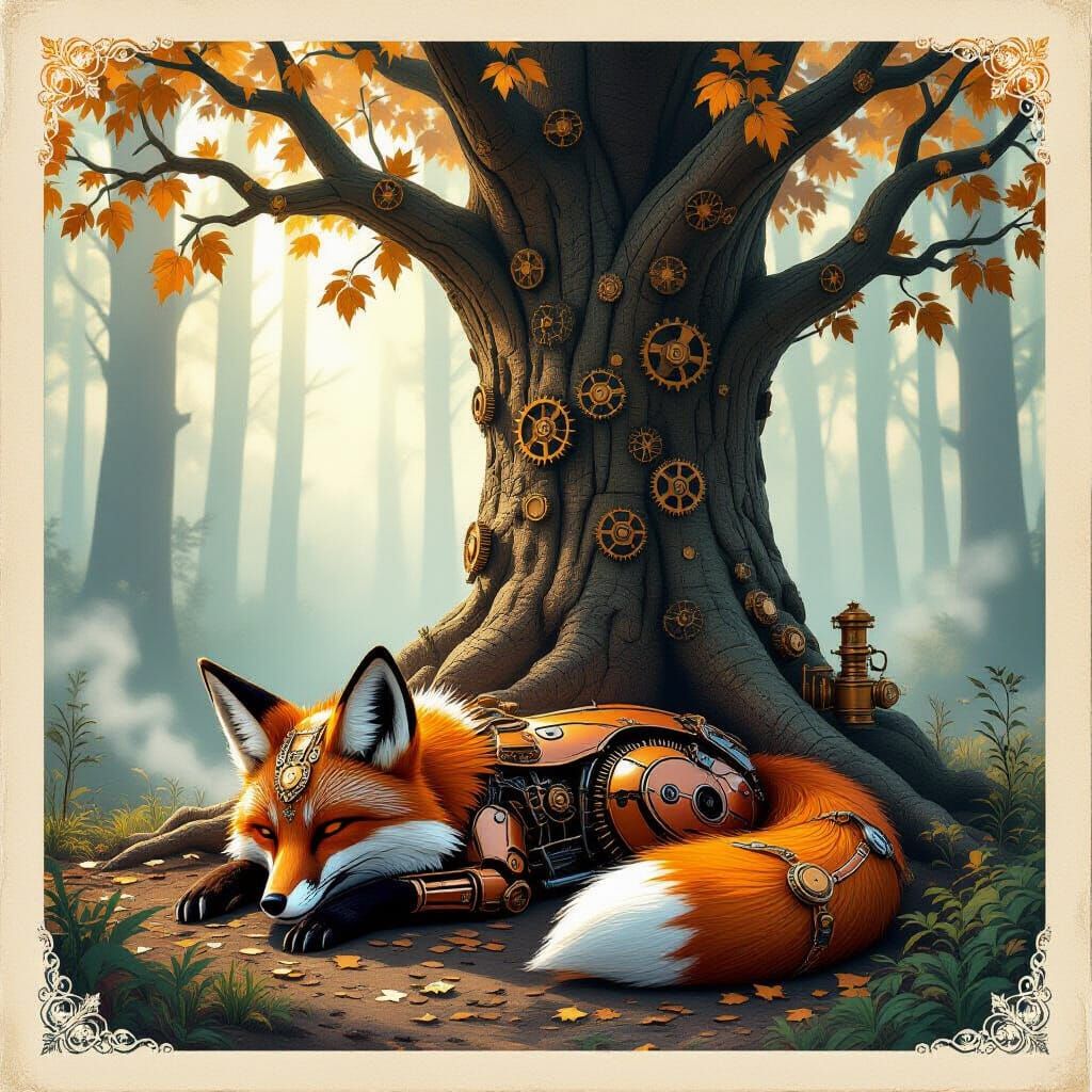 Steampunk Mechanical Fox Rests Under Brass Leaf Tree