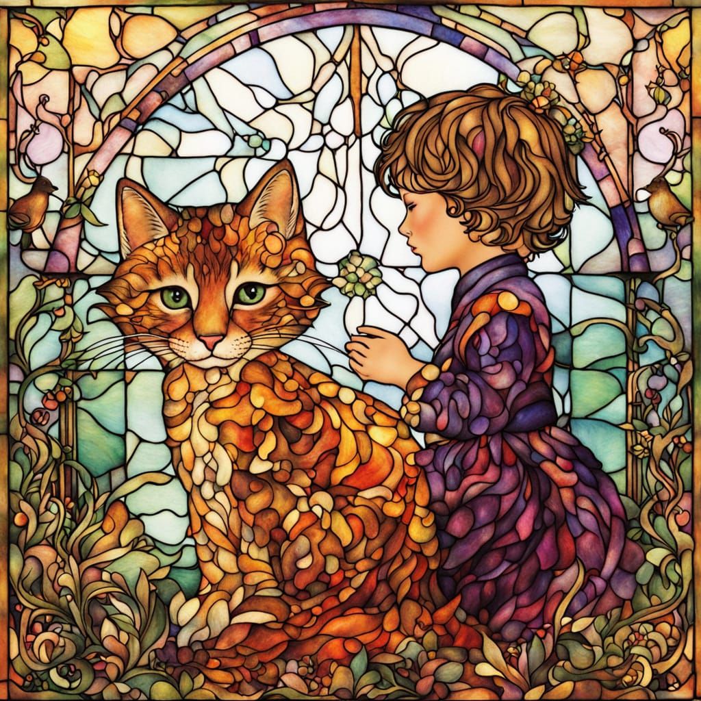 Whimsical Stained Glass Scene of Children and Kitten in Ench...