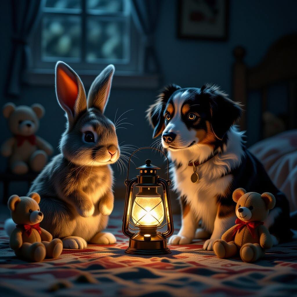 Vintage Stuffed Animals Gather Around Ancient Lantern