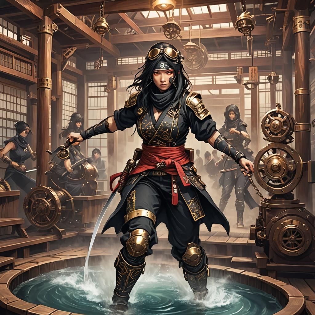 Ninja Warrior Fight in Steampunk Bathhouse